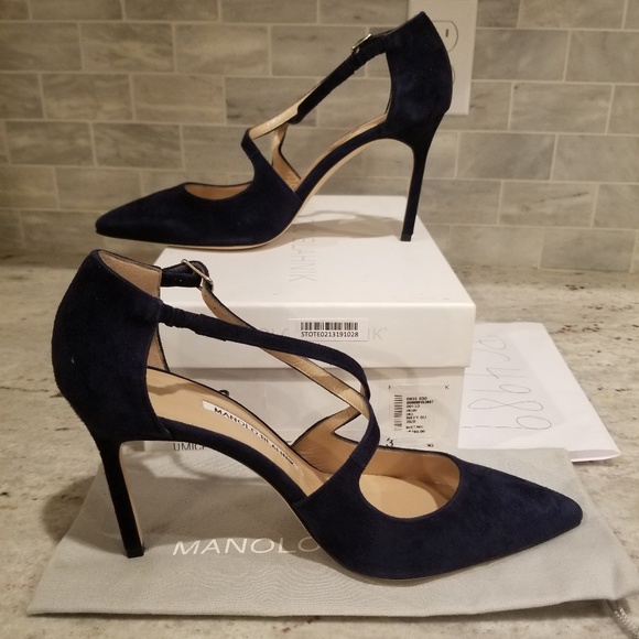SOLD!  Manolo Blahnik UMICE 90MM navy heels 38 - Picture 6 of 8